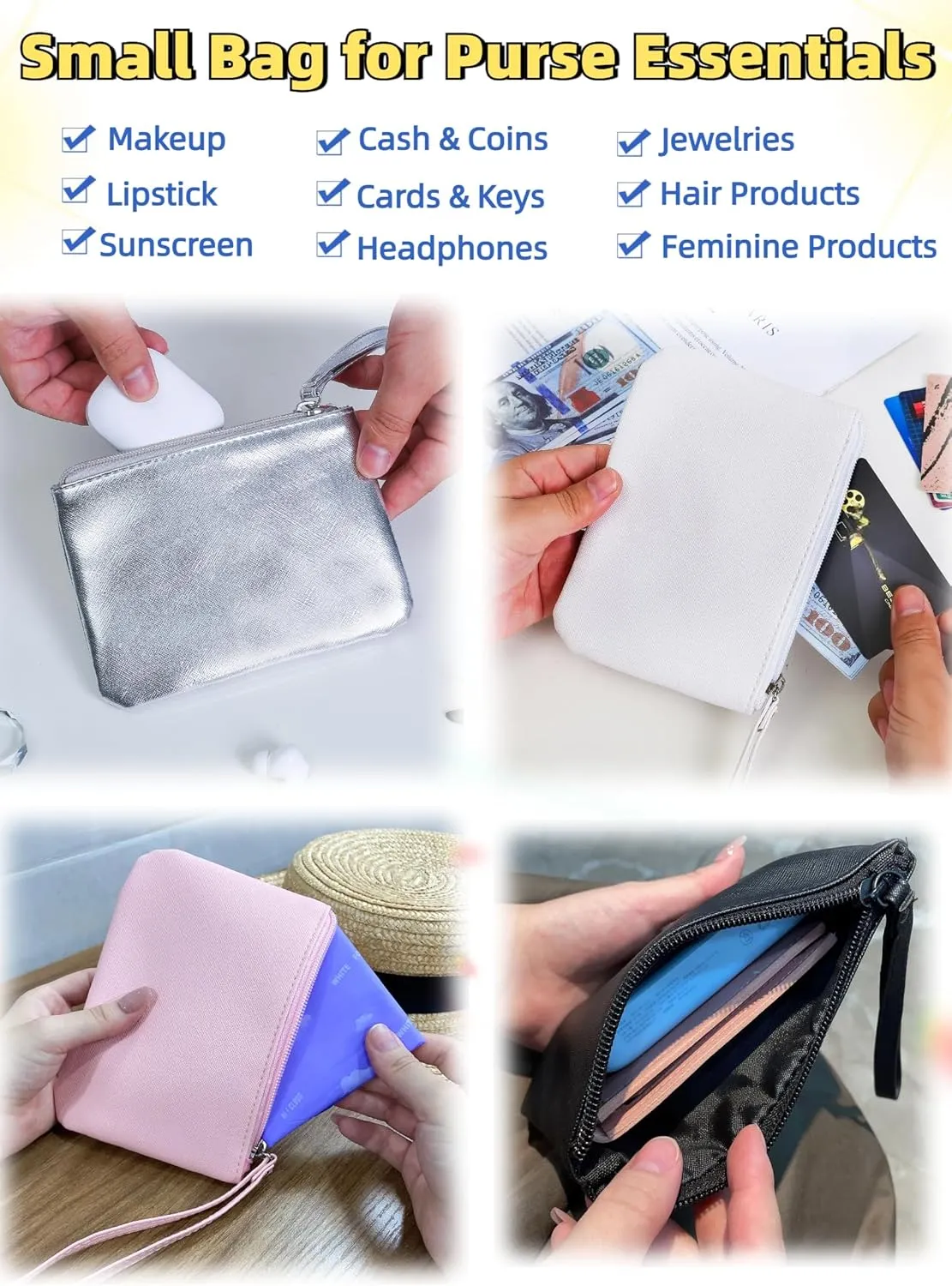 2 Pack Small Zipper Pouch Mini Makeup Bag for Purse Lipstick Cosmetic Travel Make Up Organizer for Women Essentials, Car Change Coin Holder 4.5 x 6.5 Clutch Stadium Approved Wristlet, Black White