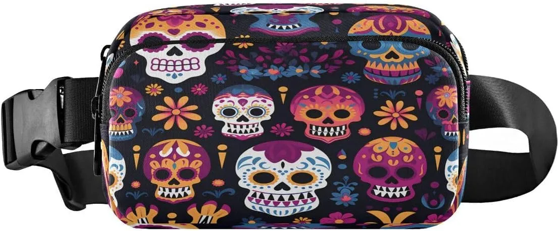 ALAZA Dia De Los Muertos Sugar Skull Waist Packs Spot Belt Bag Crossbody Bag Fanny Pack Pouch for Men Women Hiking Running Cycling Traveling