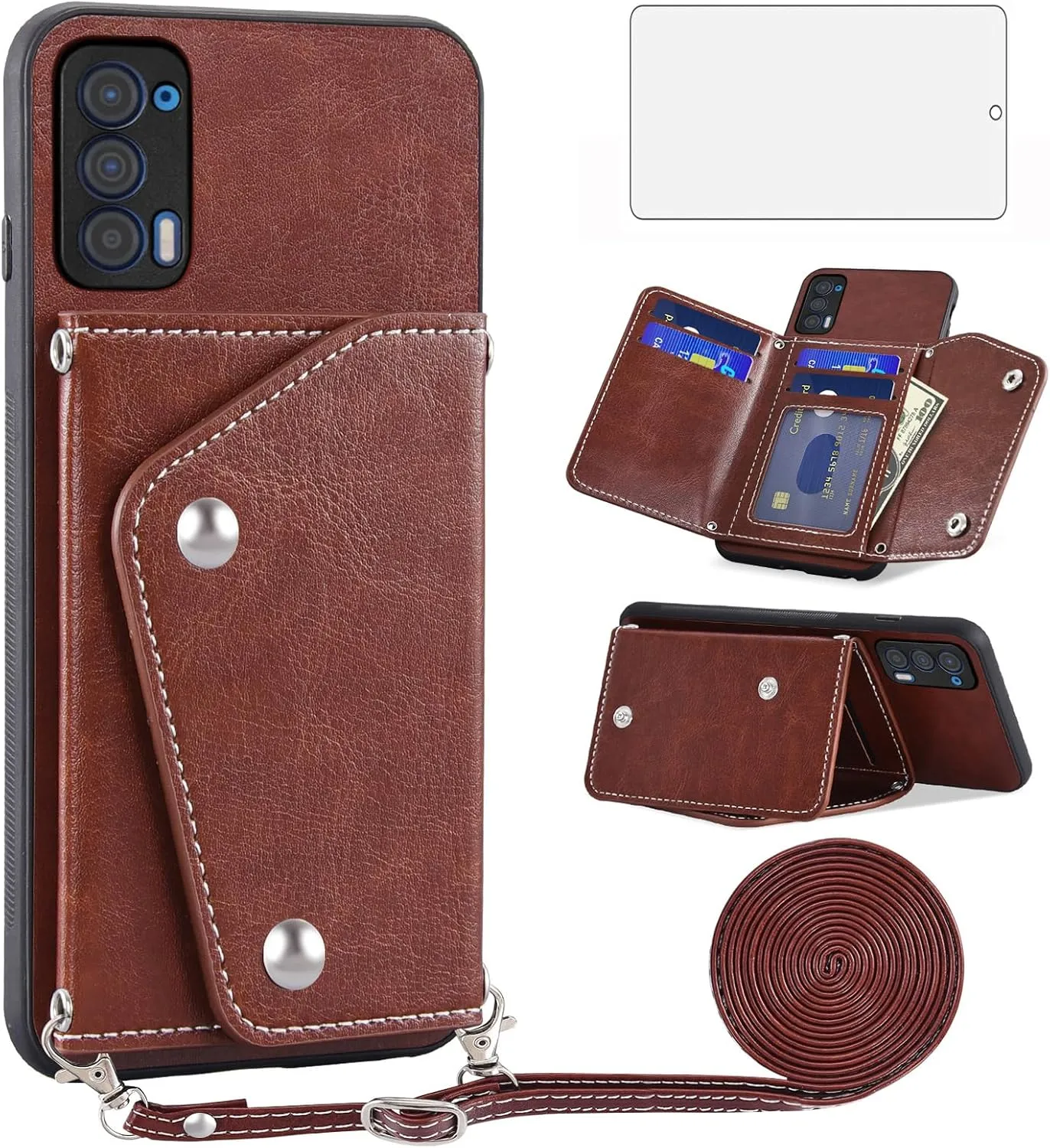 Asuwish Phone Case for Motorola Moto Edge 2021/MotoEdge 5G UW 2021 Wallet Cover with Screen Protector and Credit Card Holder Crossbody Strap Stand Leather Cell Accessories XT2141-1 Women Girls Brown