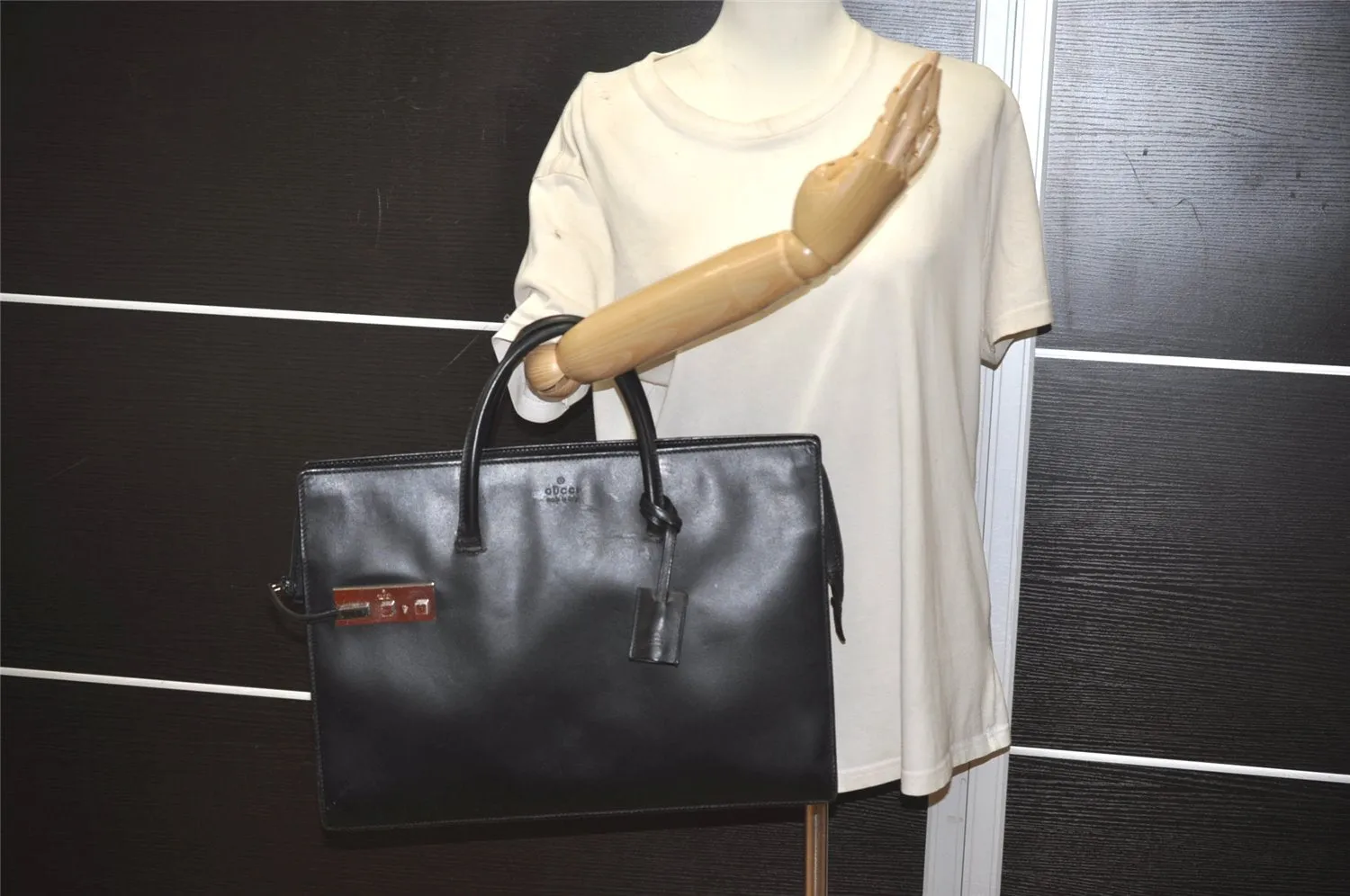 Authentic GUCCI Vintage Briefcase Business Hand Bag Leather 03012 Black 8497I