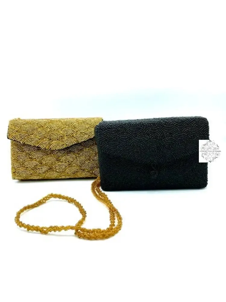 Bali Beaded Clutch | Handmade Clam Shell Patterned Glass Beading Envelope Clutch with Long Straps