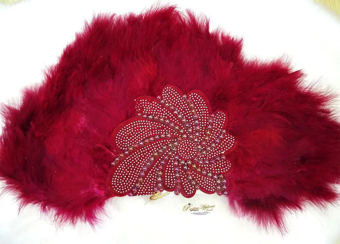 Beautiful Maroon Feather Embelished with Silver Beads with Pearls Bridal Wedding Party Hand fan