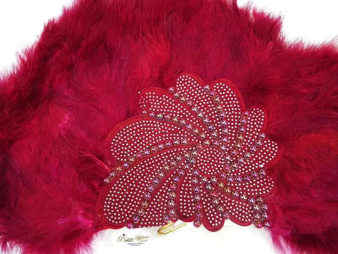 Beautiful Maroon Feather Embelished with Silver Beads with Pearls Bridal Wedding Party Hand fan