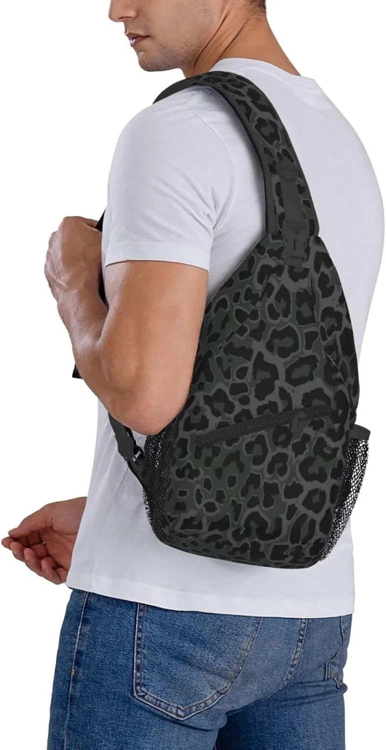 Black Leopard Print Sling Bag Crossbody Backpack,Abstract Spotted Fur Wild Animal Skin Texture Chest Bag Casual Shoulder Backpack Cute Cheetah Pattern Travel Hiking Daypack for Men Women