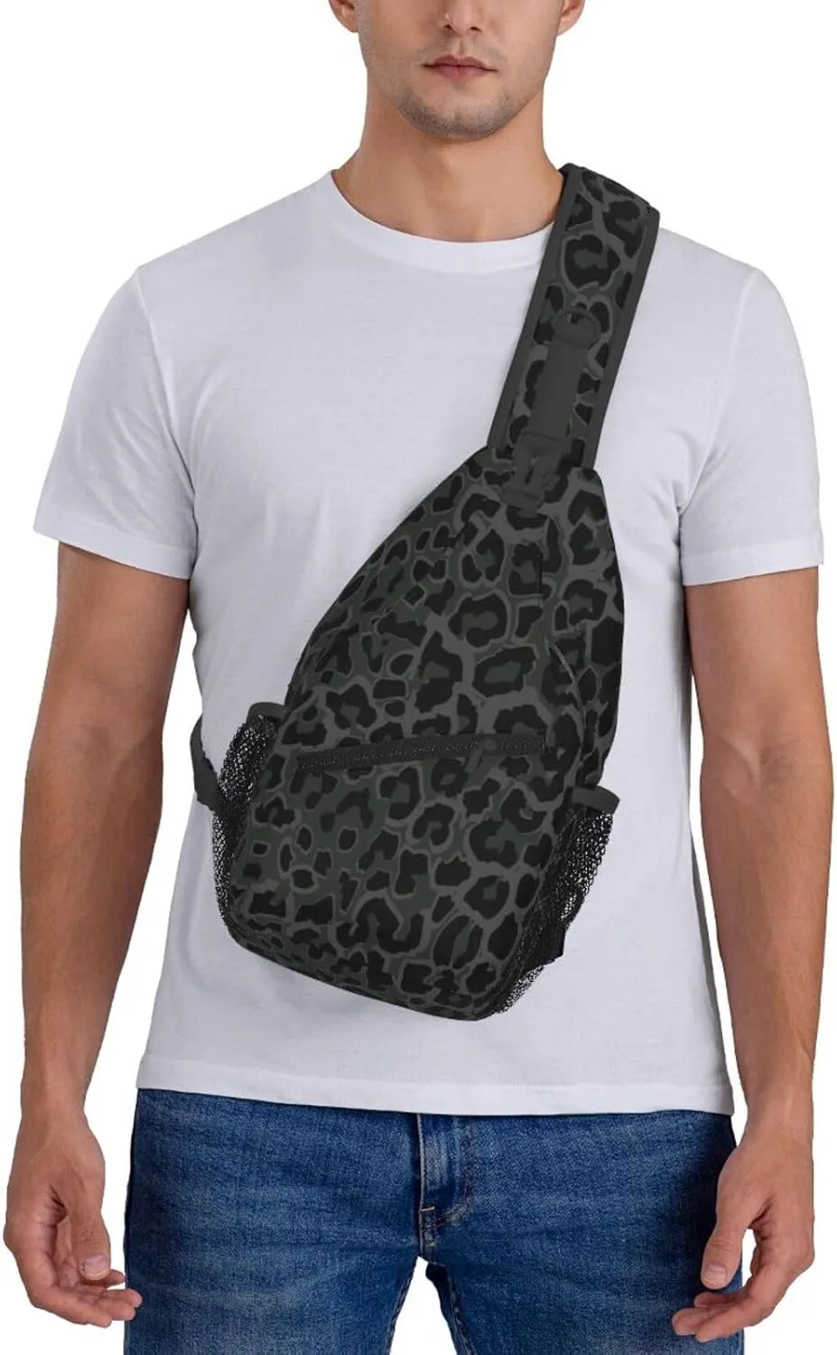 Black Leopard Print Sling Bag Crossbody Backpack,Abstract Spotted Fur Wild Animal Skin Texture Chest Bag Casual Shoulder Backpack Cute Cheetah Pattern Travel Hiking Daypack for Men Women