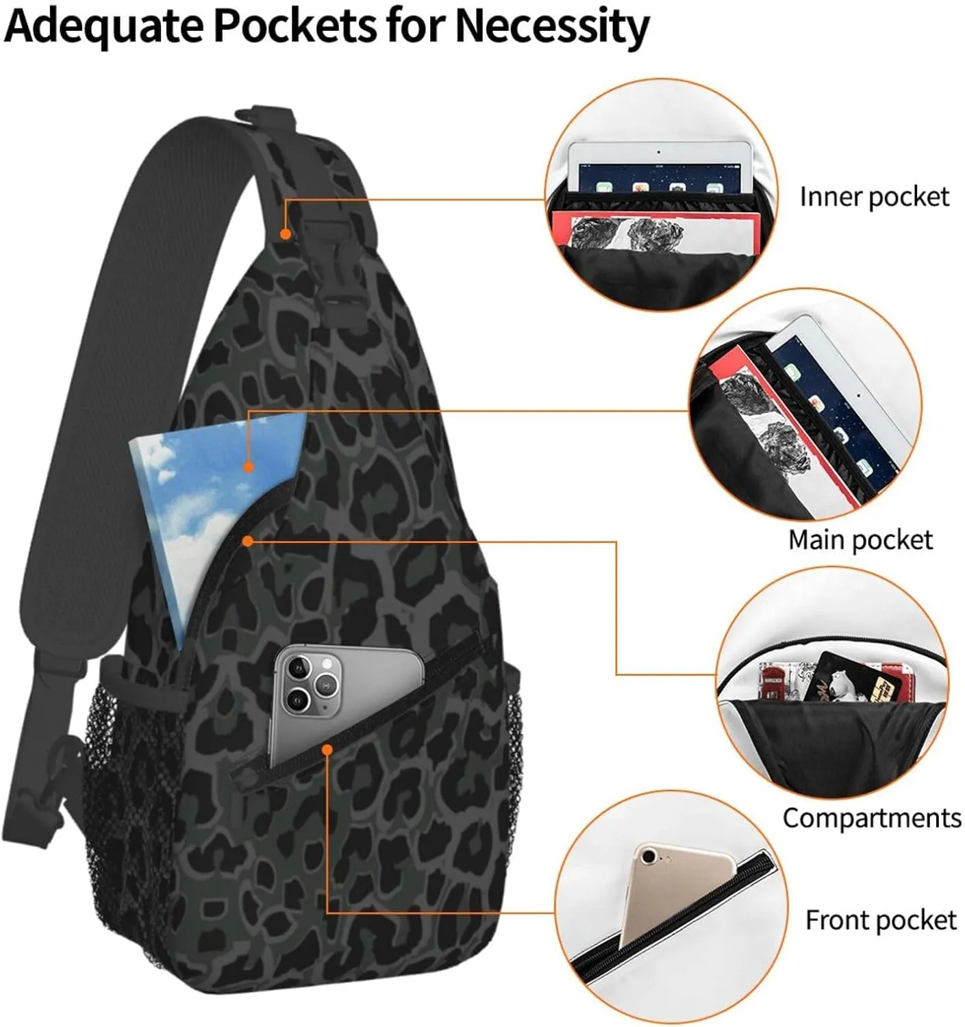 Black Leopard Print Sling Bag Crossbody Backpack,Abstract Spotted Fur Wild Animal Skin Texture Chest Bag Casual Shoulder Backpack Cute Cheetah Pattern Travel Hiking Daypack for Men Women