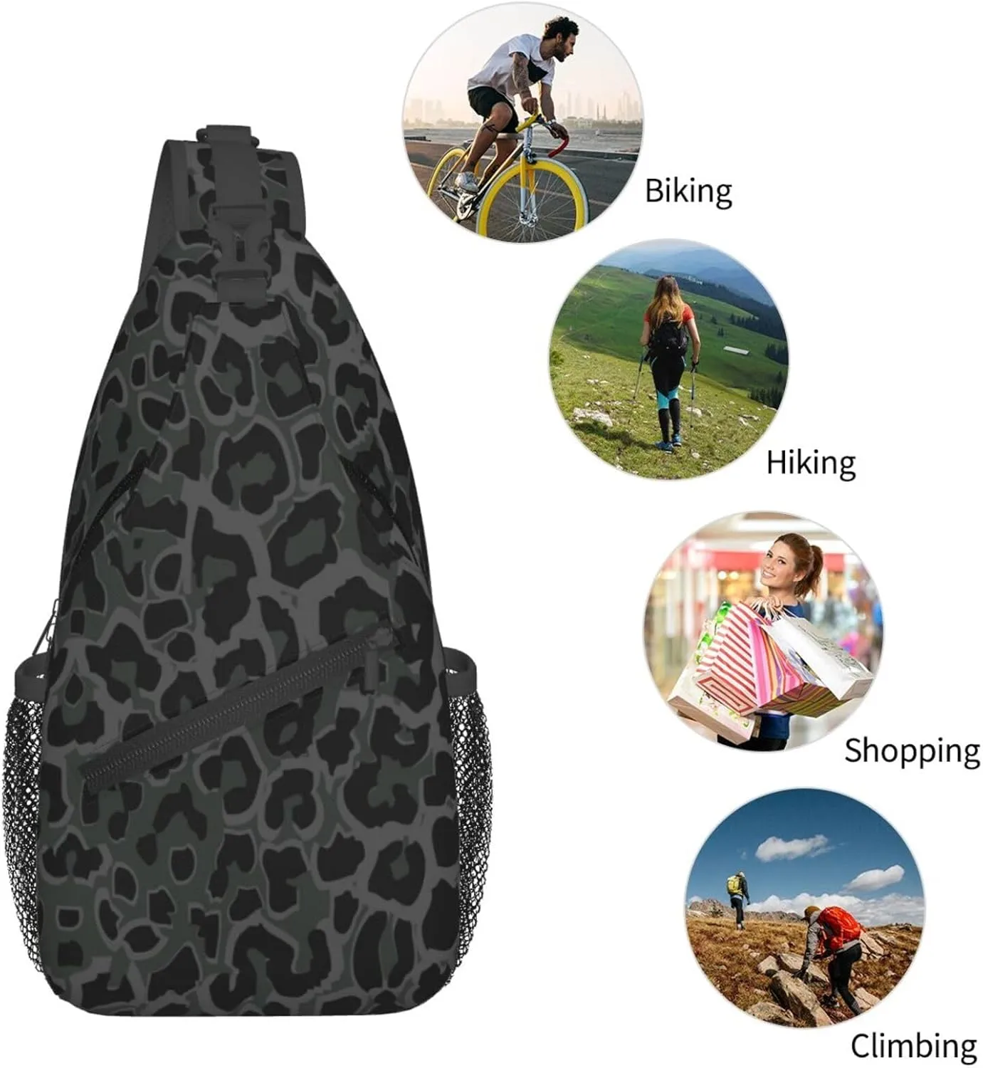 Black Leopard Print Sling Bag Crossbody Backpack,Abstract Spotted Fur Wild Animal Skin Texture Chest Bag Casual Shoulder Backpack Cute Cheetah Pattern Travel Hiking Daypack for Men Women