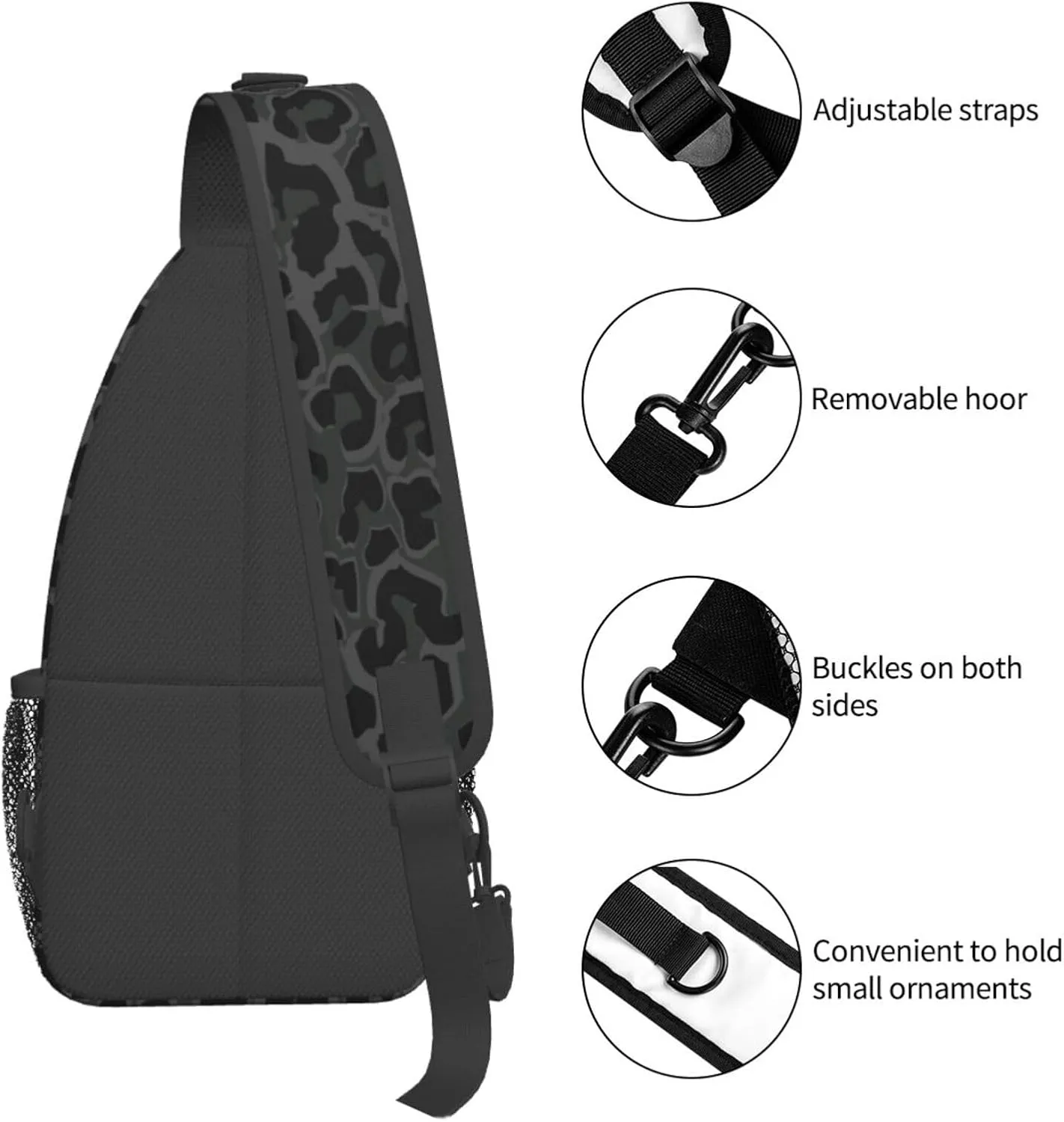 Black Leopard Print Sling Bag Crossbody Backpack,Abstract Spotted Fur Wild Animal Skin Texture Chest Bag Casual Shoulder Backpack Cute Cheetah Pattern Travel Hiking Daypack for Men Women