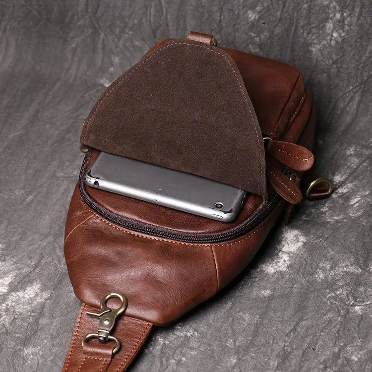 Brown Leather Backpack Men's Sling Bag Chest Bag Brown One shoulder Backpack Sling Pack For Men