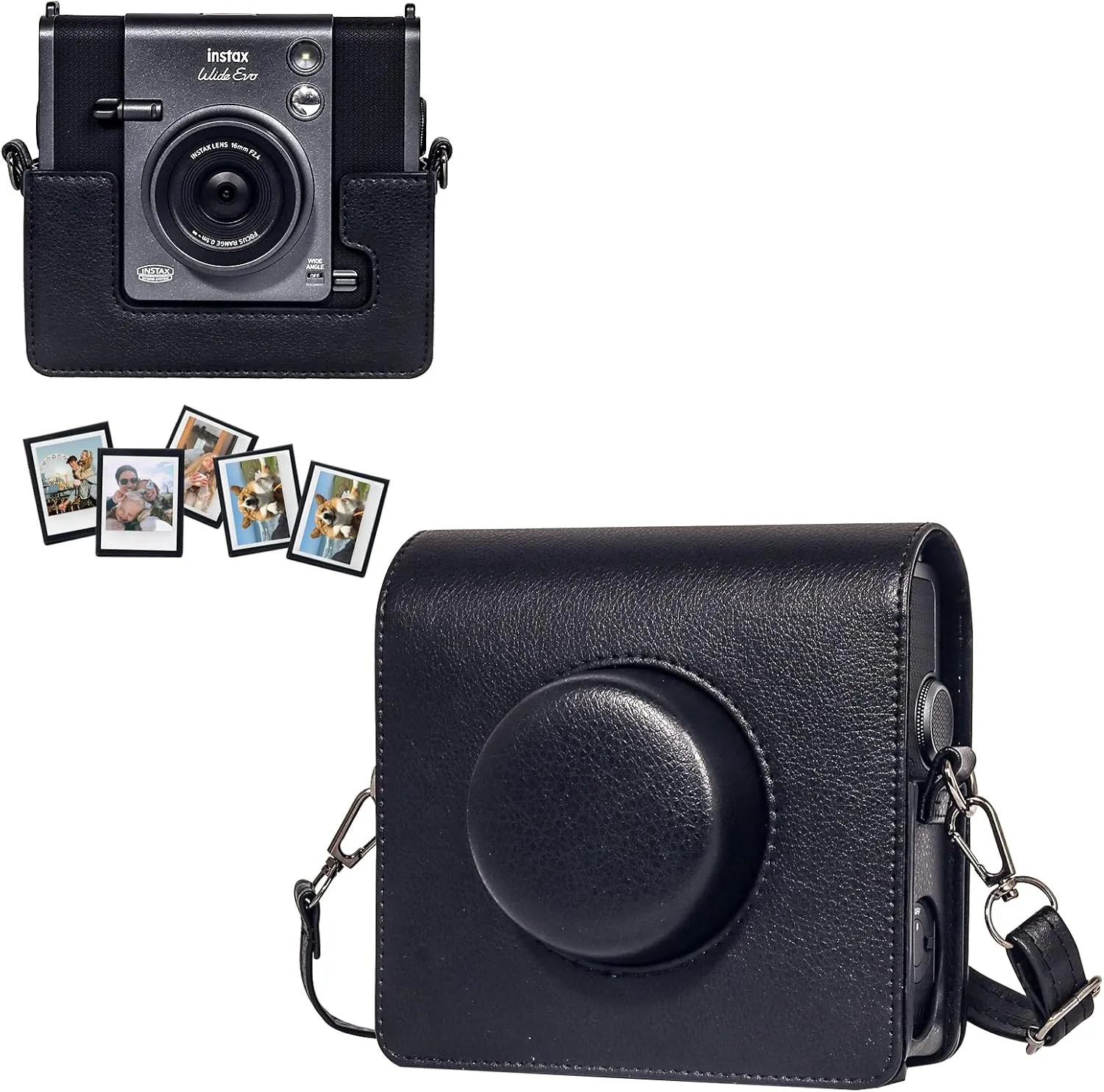 CAIYOULE Case for Fujiflim Instax Wide EVO Instant Camera PU Leather Camera Bag and for Fuji Wide Film Photo Magnetic Picture Frame With adjustable straps Black-No Camera