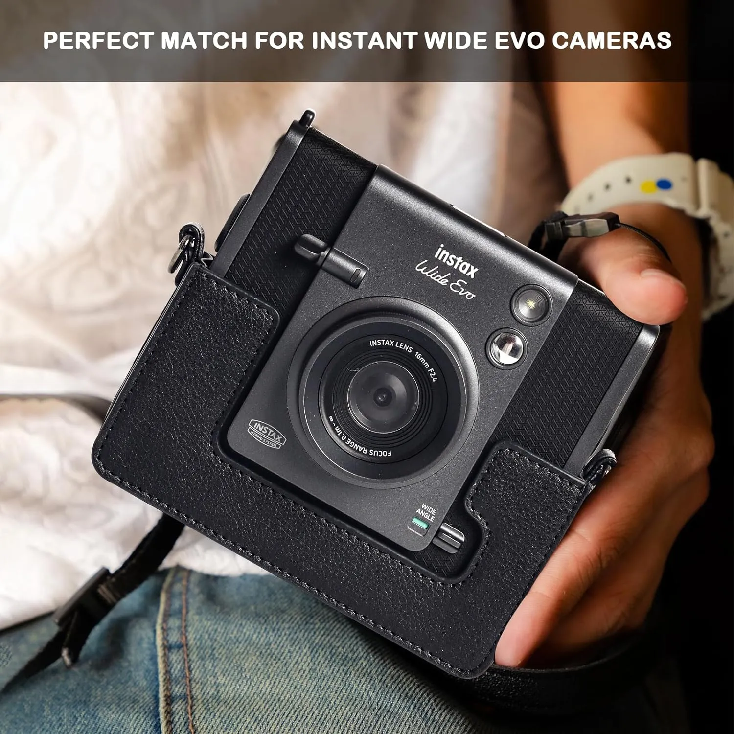 CAIYOULE Case for Fujiflim Instax Wide EVO Instant Camera PU Leather Camera Bag and for Fuji Wide Film Photo Magnetic Picture Frame With adjustable straps Black-No Camera