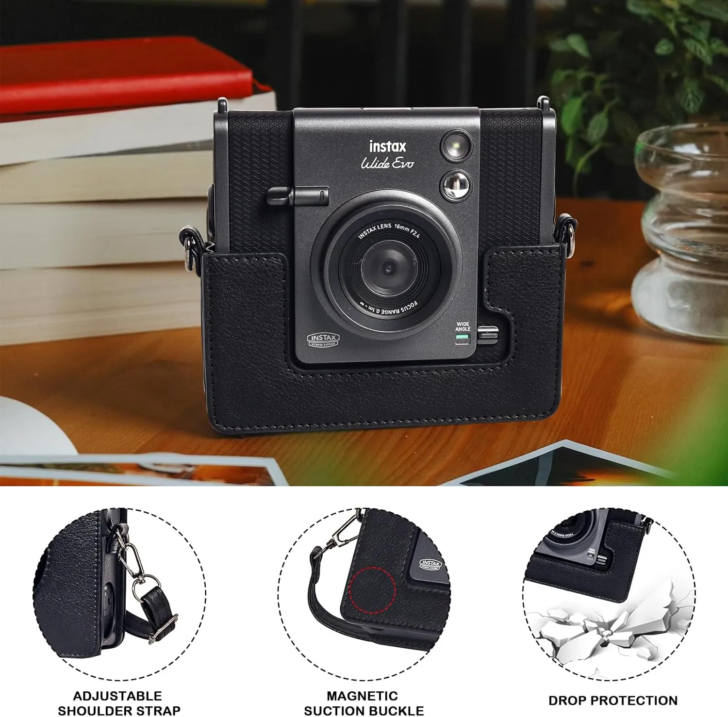 CAIYOULE Case for Fujiflim Instax Wide EVO Instant Camera PU Leather Camera Bag and for Fuji Wide Film Photo Magnetic Picture Frame With adjustable straps Black-No Camera