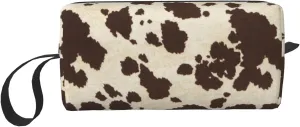 Cow Print Vintage Brown Makeup Bag Organizer Small Cosmetic Bags Portable Travel Toiletry Bag With Handle Simple Accessories Storage Zipper Pouch For Women Girl