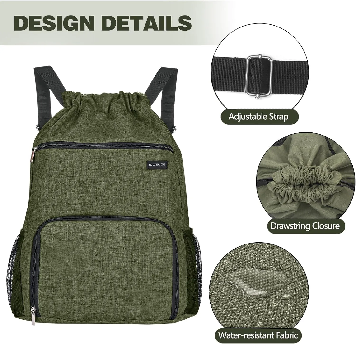 Drawstring Backpack with Wet Pocket & Shoe Compartment, Water-Resistant Sports Gym Swim String Bag for Women Men(Green)