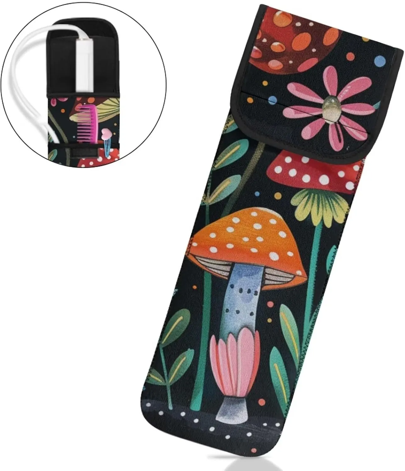 Flashideas Art Mushroom Flat Iron Case Organizer and Storage with Pocket Heat Resistant Neoprene Curling Iron Cover Sleeve Hot Tools Travel Bag