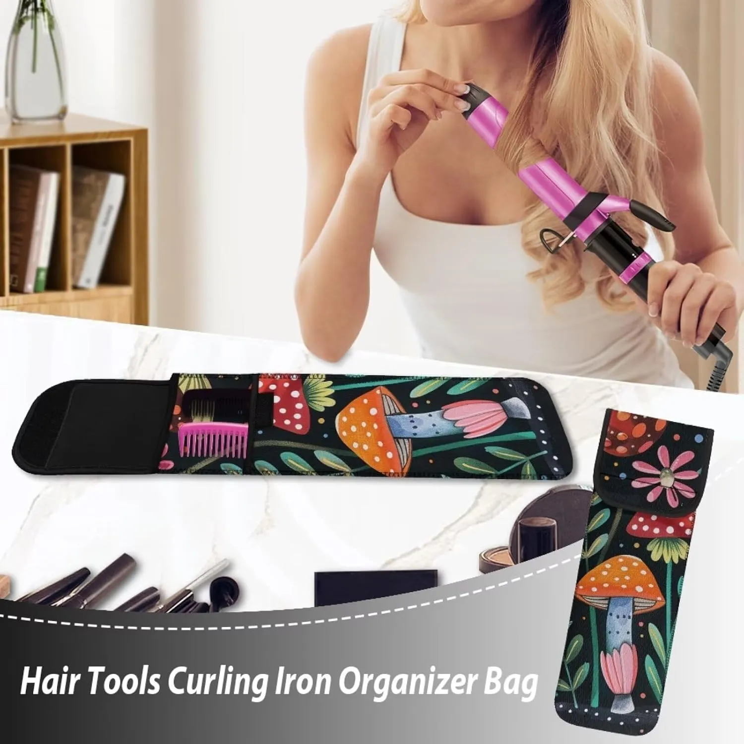 Flashideas Art Mushroom Flat Iron Case Organizer and Storage with Pocket Heat Resistant Neoprene Curling Iron Cover Sleeve Hot Tools Travel Bag