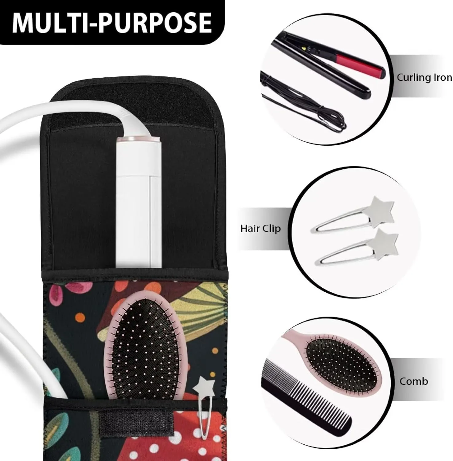 Flashideas Art Mushroom Flat Iron Case Organizer and Storage with Pocket Heat Resistant Neoprene Curling Iron Cover Sleeve Hot Tools Travel Bag