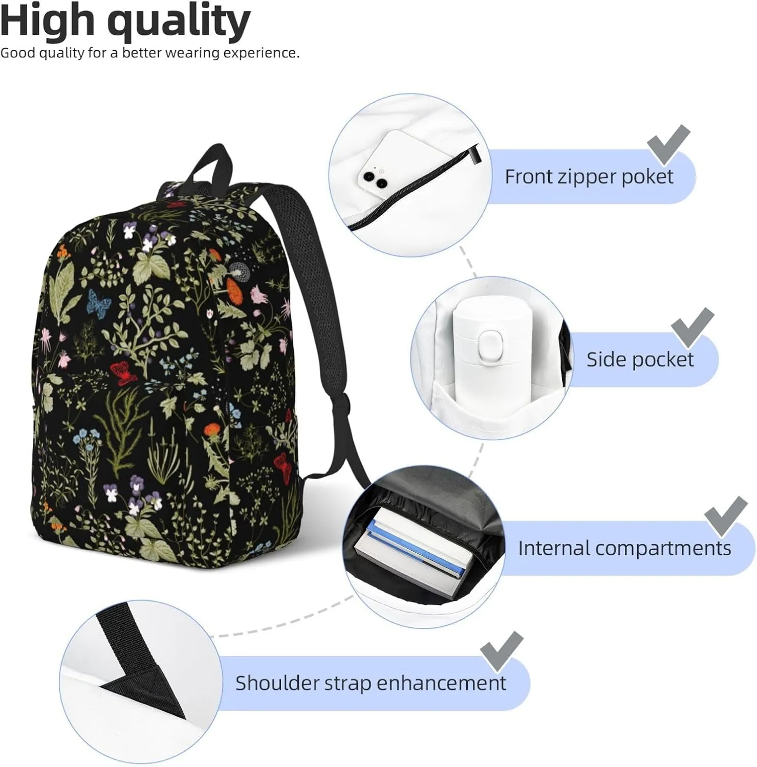 Floral Flower Herb Trendy Plant Backpack for Girls Boys Women Lightweight Canvas Bookbag Casual Daypack for Travel Outdoor Camping, 15 Inch
