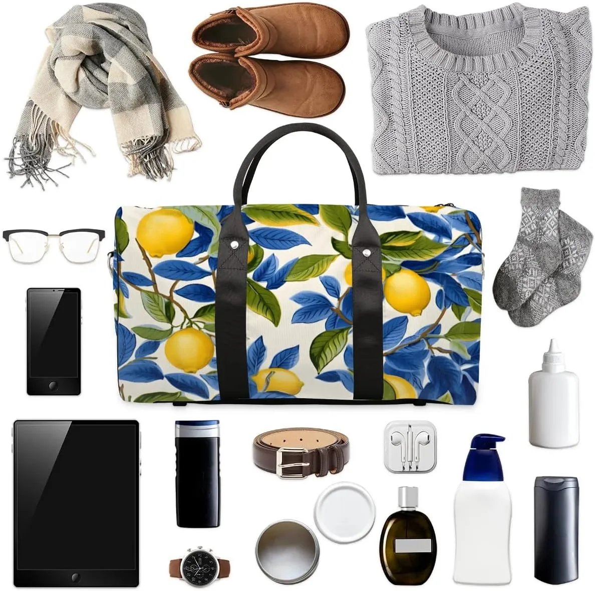 Foldable Travel Bag Lemons Leaves Lightweight Carry On Bags for Airplanes Waterproof Travel Duffle Bag For Gym Weekend Overnight