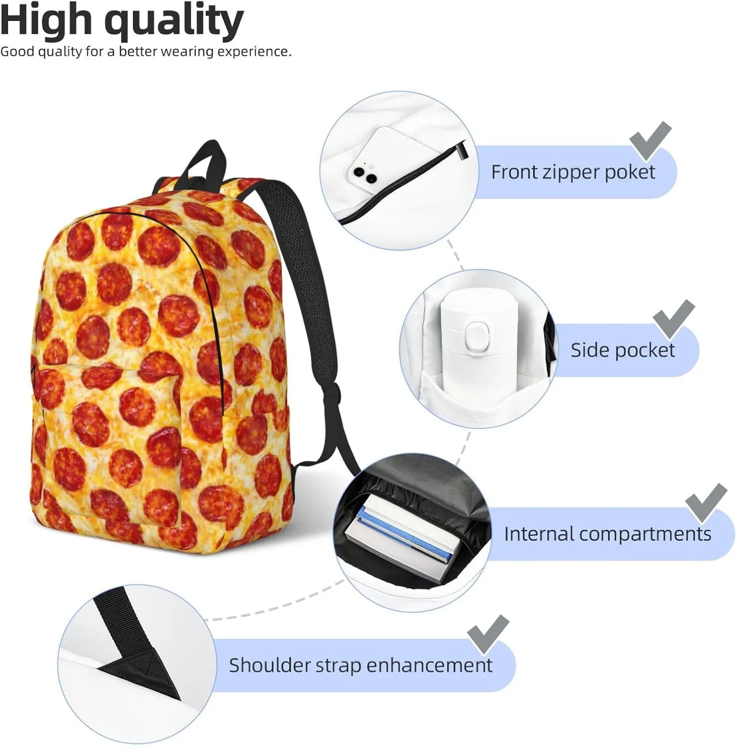 Fun Pizza Food Pattern Backpack for Girls Boys Women Lightweight Canvas Bookbag Casual Daypack for Travel Outdoor Camping, 15 Inch