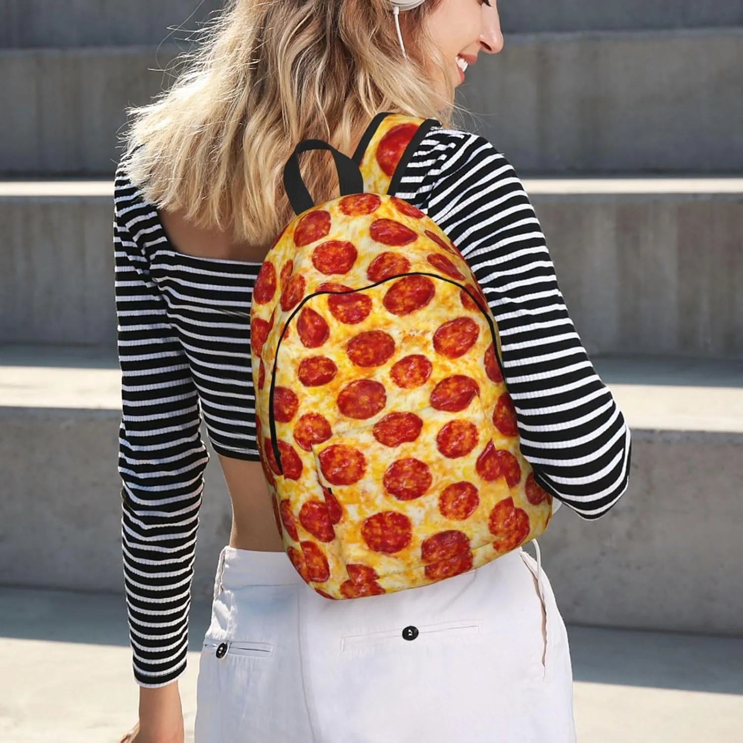 Fun Pizza Food Pattern Backpack for Girls Boys Women Lightweight Canvas Bookbag Casual Daypack for Travel Outdoor Camping, 15 Inch