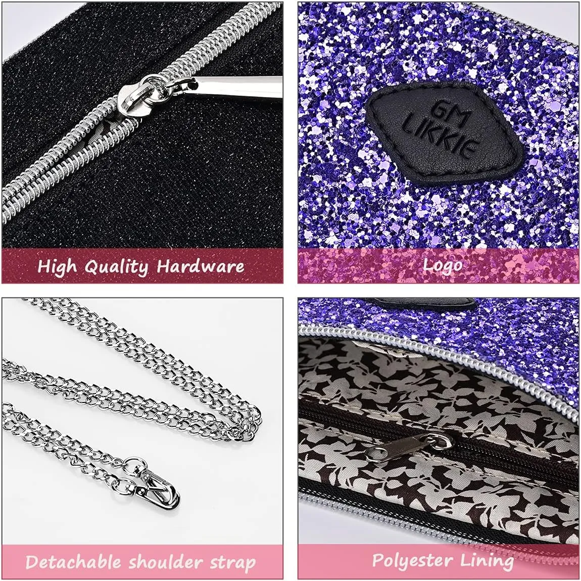 GM LIKKIE Crossbody Clutch Purse for Women, Glitter Evening Bag, Sequin Wedding Handbag for Party