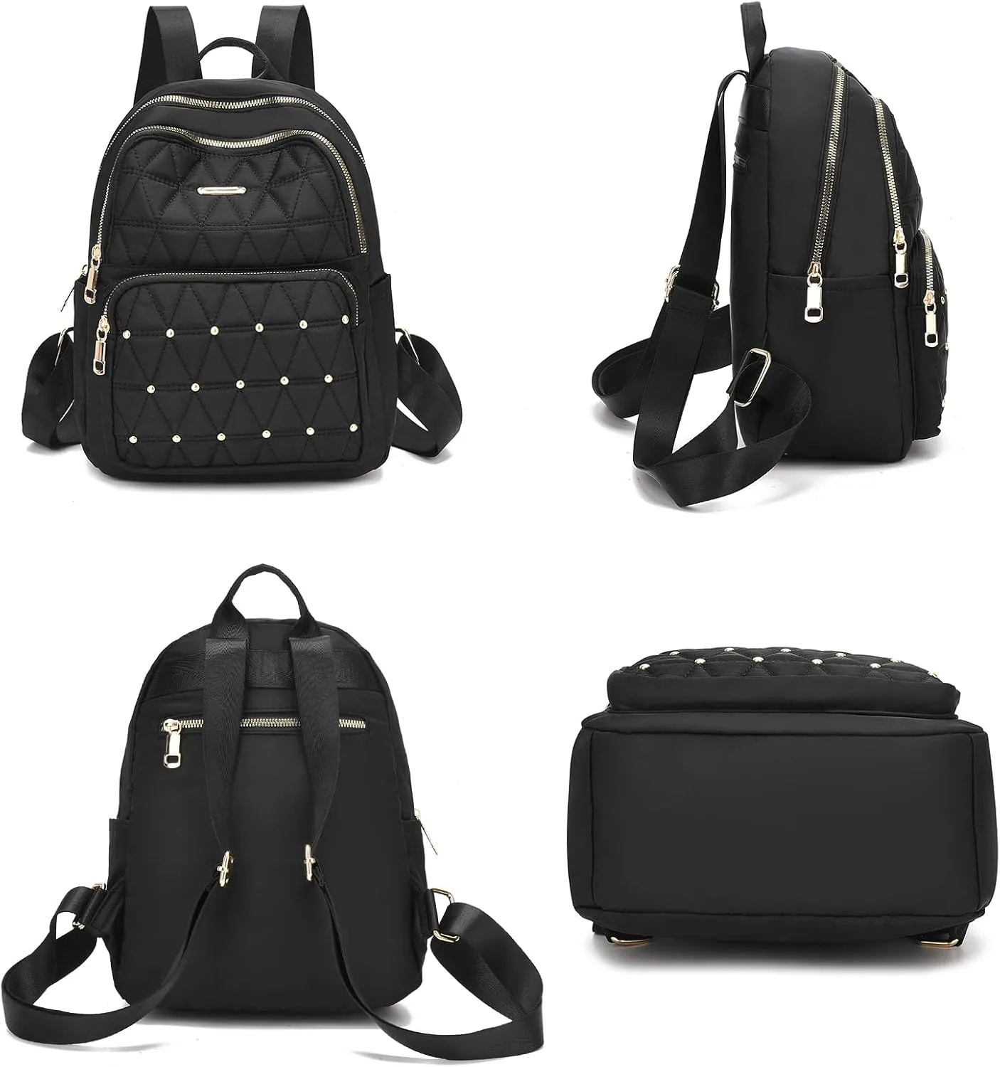 I IHAYNER Mini Backpack for Women Nylon Travel Purse Shoulder Bag for College Work Casual Lightweight Daypack With Rivets for Ladies Black