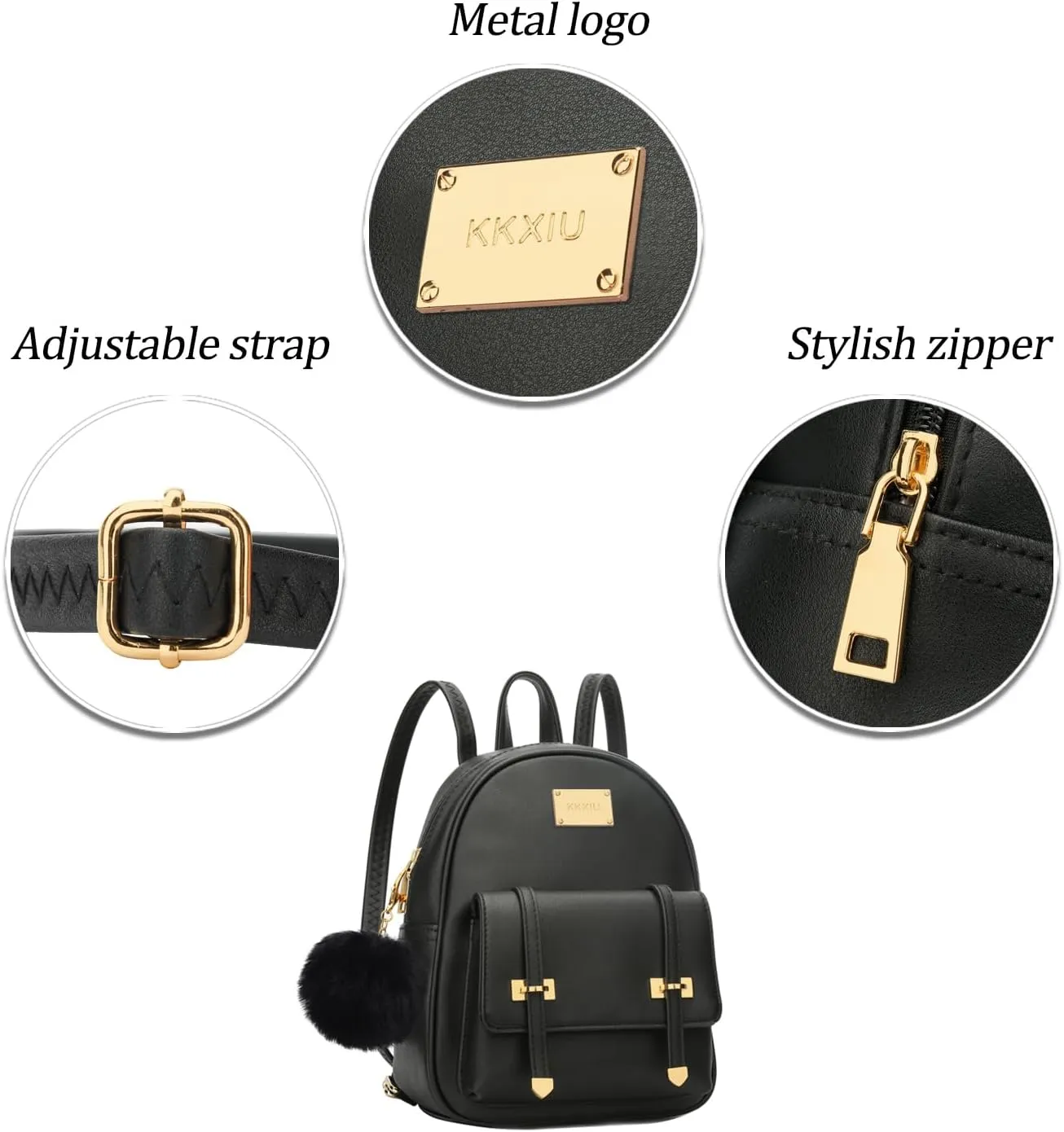 KKXIU Girls Small Backpack Purse Vegan Leather Mini Bookbag for Women Cute Teen Pompom Daypack