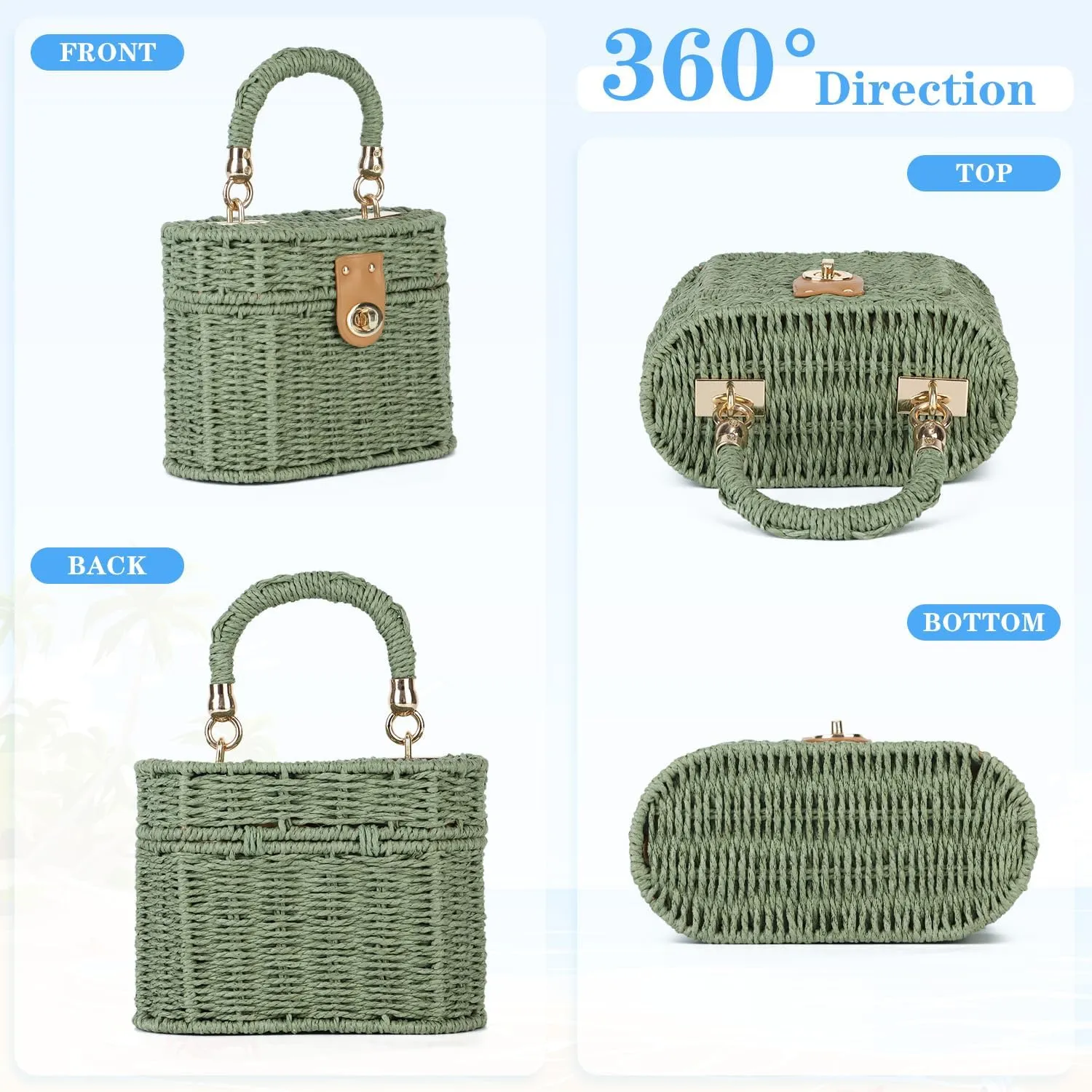 KUANG! Handwoven Basket Straw Purse for Women Woven Straw Rattan Shoulder Bag Vintage Beach Tote Bag