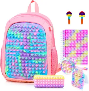 Large Pop Fidget Backpack for Girls, Pop it Bags&pop it Notebook and Pencil Case for Kids' Fidget School Supplies for Elementary Student Stress Relief, Great Birthday Present Gift for Kids