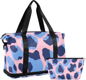 Light Peach Blue Leopard Print Duffel Bags Carry On Weekend Bag with Adjustable Strap for Airplane Traveling Foldable