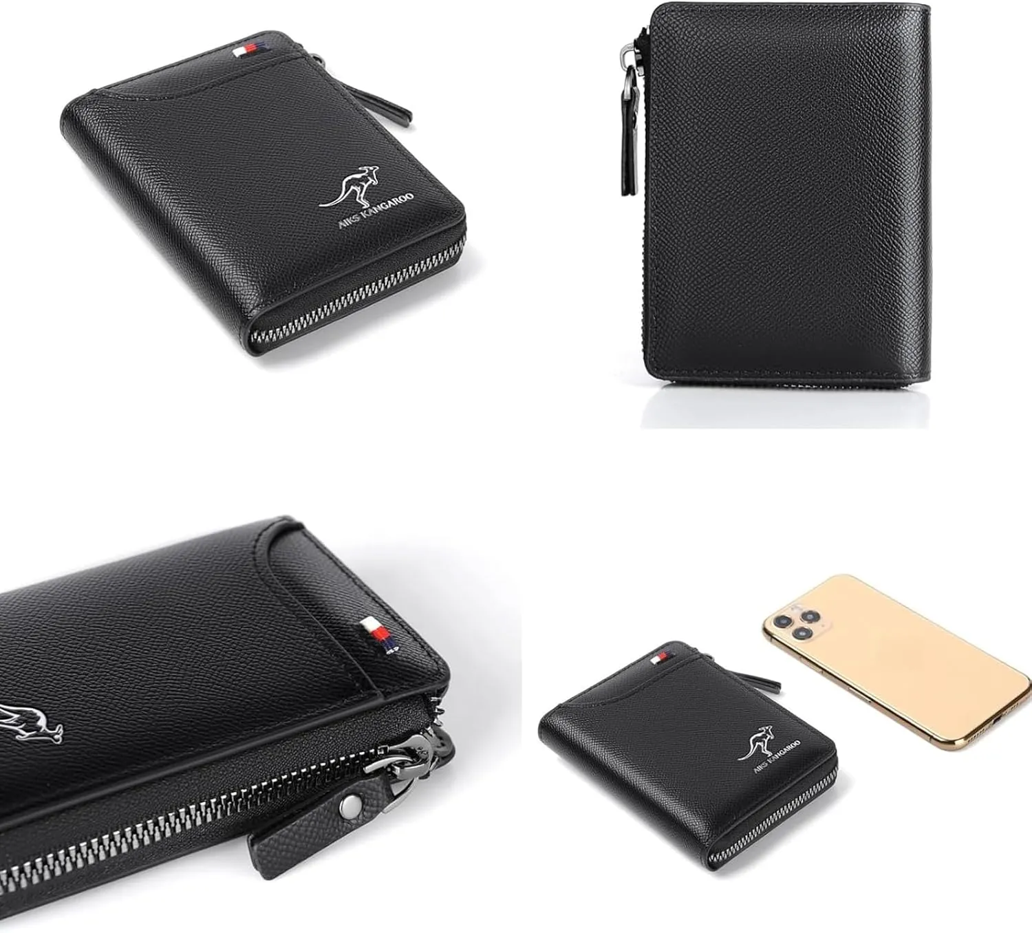 Men Wallet Zipper Purse - Aiks Kangaroo Wallets, RFID Blocking Leather Wallet Credit Card ID Holder Zipper Purse Waterproof (Fiber Silver)