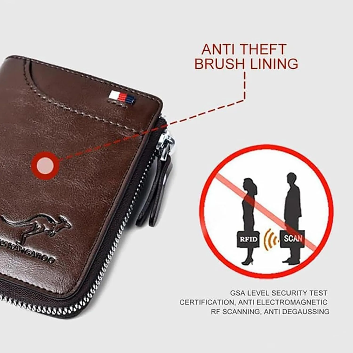 Men Wallet Zipper Purse - Aiks Kangaroo Wallets, RFID Blocking Leather Wallet Credit Card ID Holder Zipper Purse Waterproof (Fiber Silver)