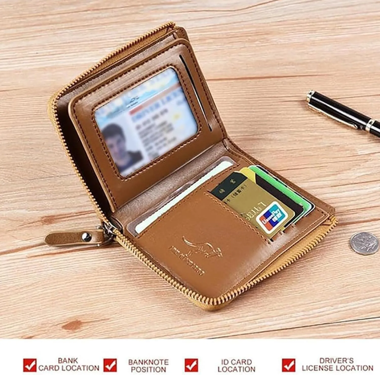 Men Wallet Zipper Purse - Aiks Kangaroo Wallets, RFID Blocking Leather Wallet Credit Card ID Holder Zipper Purse Waterproof (Fiber Silver)