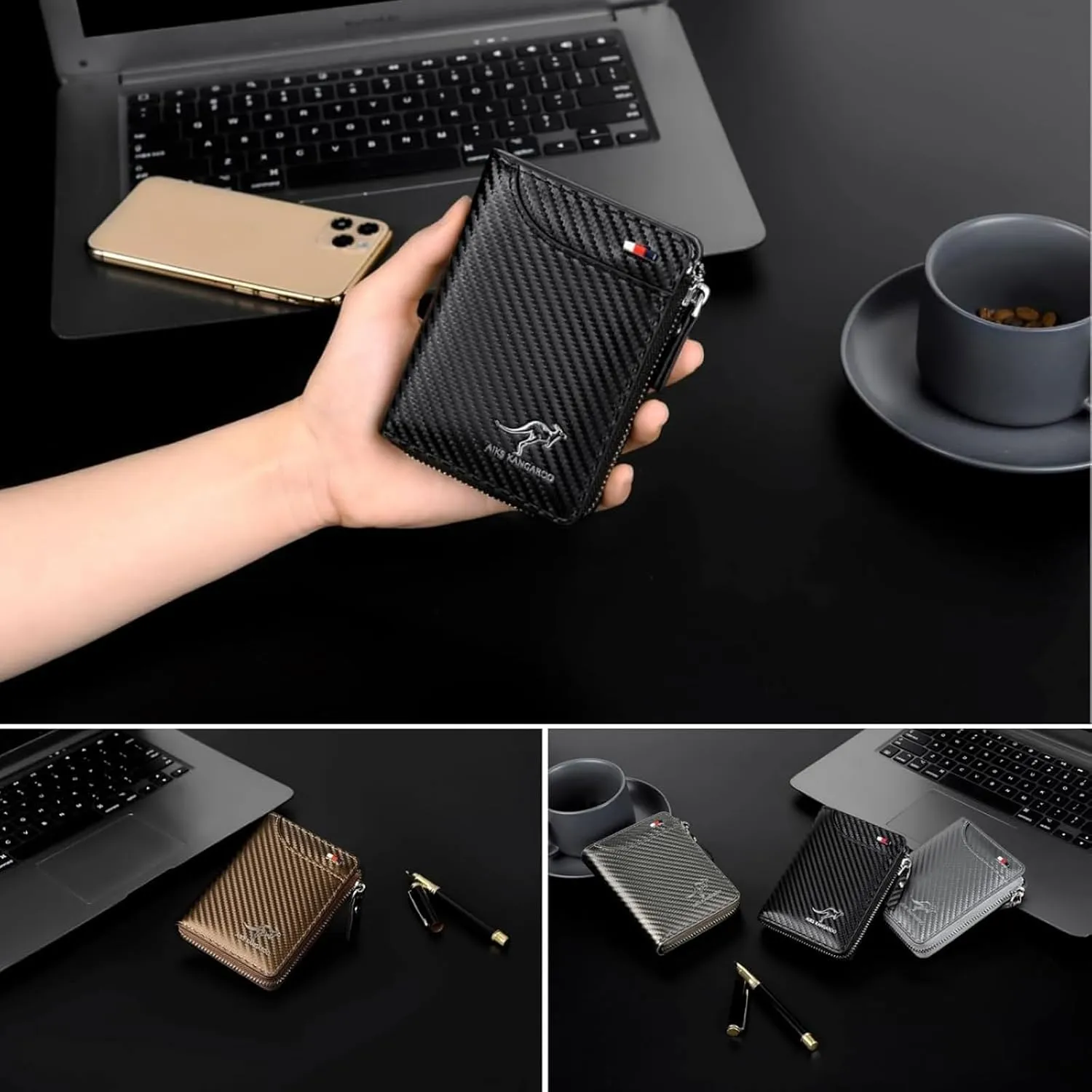 Men Wallet Zipper Purse - Aiks Kangaroo Wallets, RFID Blocking Leather Wallet Credit Card ID Holder Zipper Purse Waterproof (Fiber Silver)