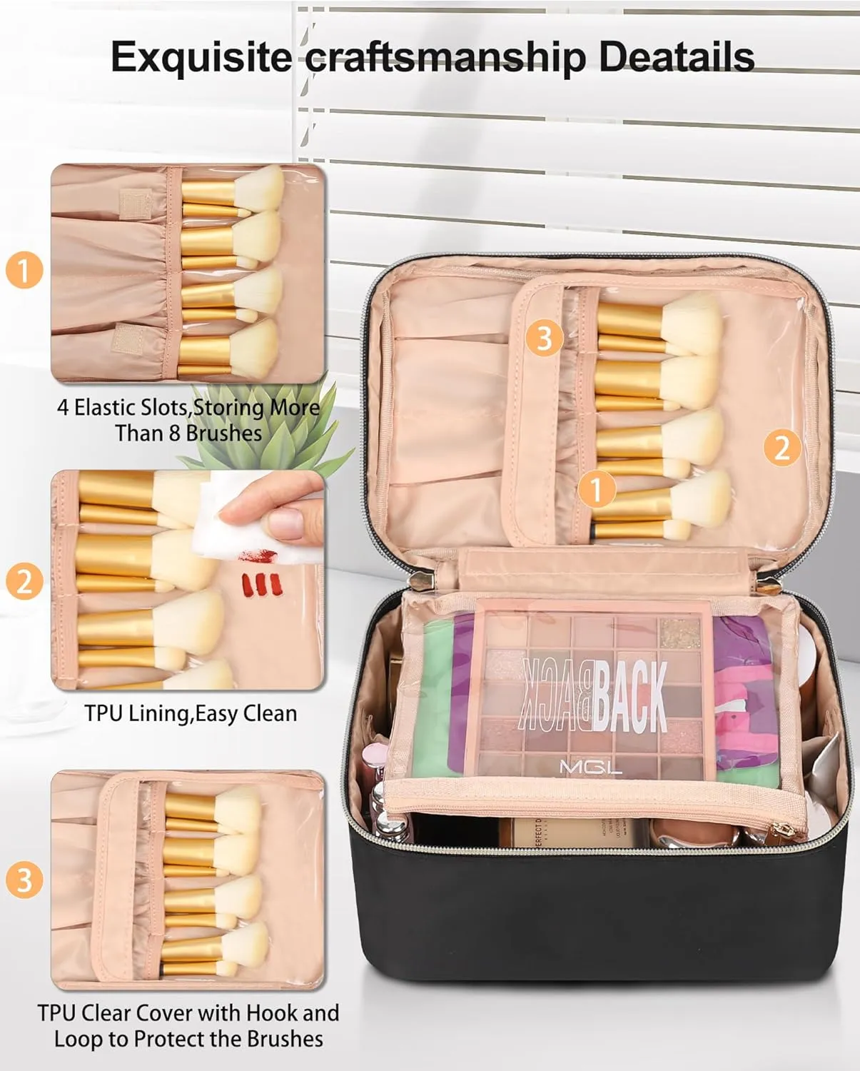 MONSTINA Makeup Bag with Detachable Small Gadget Bag,Large Capacity Portable Cosmetic Organizer,Waterproof Travel Toiletry Bag with Divider for Lipstick,Gifts for Girls and Women,Black Large