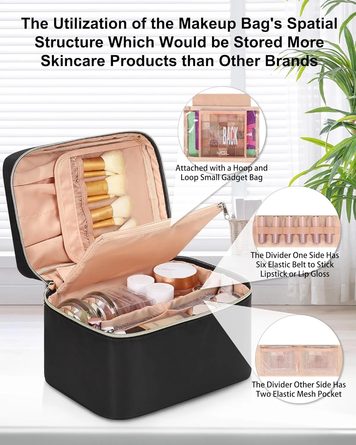 MONSTINA Makeup Bag with Detachable Small Gadget Bag,Large Capacity Portable Cosmetic Organizer,Waterproof Travel Toiletry Bag with Divider for Lipstick,Gifts for Girls and Women,Black Large