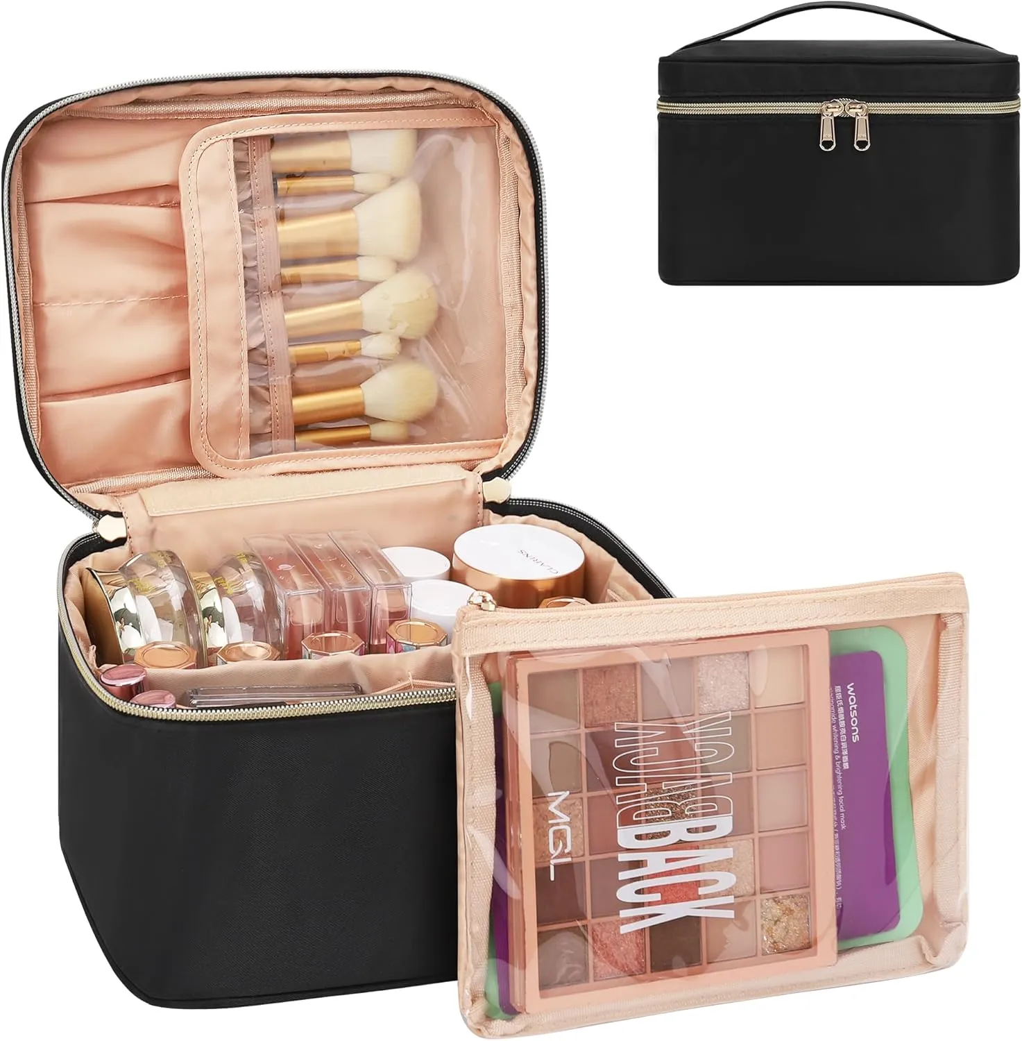 MONSTINA Makeup Bag with Detachable Small Gadget Bag,Large Capacity Portable Cosmetic Organizer,Waterproof Travel Toiletry Bag with Divider for Lipstick,Gifts for Girls and Women,Black Large