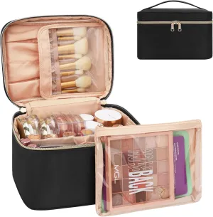 MONSTINA Makeup Bag with Detachable Small Gadget Bag,Large Capacity Portable Cosmetic Organizer,Waterproof Travel Toiletry Bag with Divider for Lipstick,Gifts for Girls and Women,Black Large