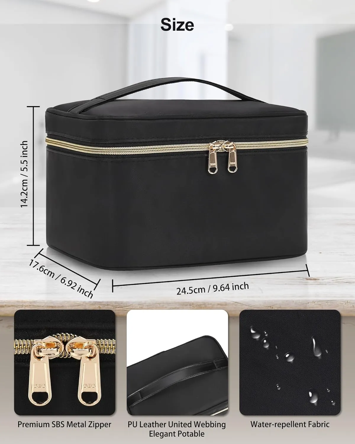 MONSTINA Makeup Bag with Detachable Small Gadget Bag,Large Capacity Portable Cosmetic Organizer,Waterproof Travel Toiletry Bag with Divider for Lipstick,Gifts for Girls and Women,Black Large
