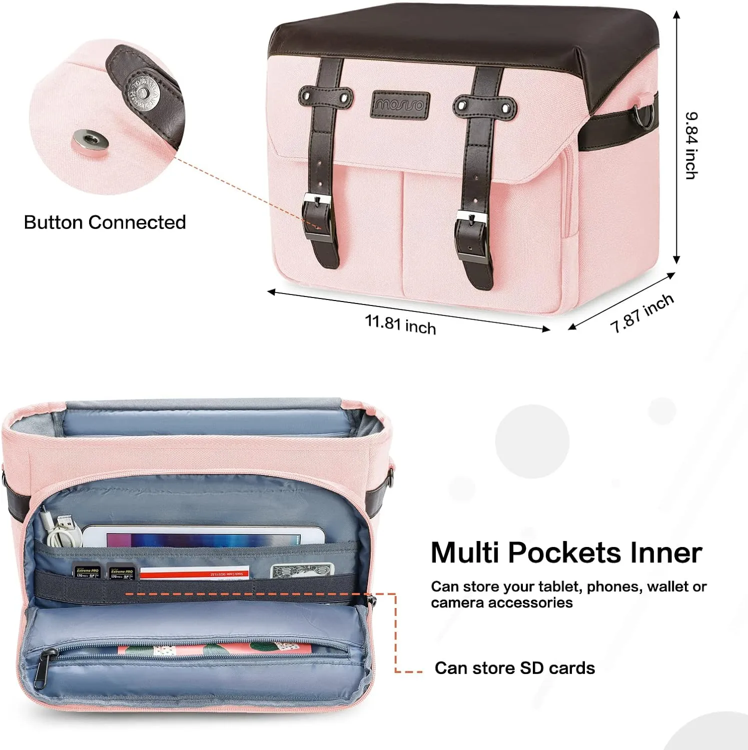 MOSISO Camera Case Crossbody Shoulder Messenger Bag, DSLR/SLR/Mirrorless Photography Vintage PU Leather Flap Gadget Bag with Rain Cover Compatible with Canon/Nikon/Sony Camera and Lens, Pink