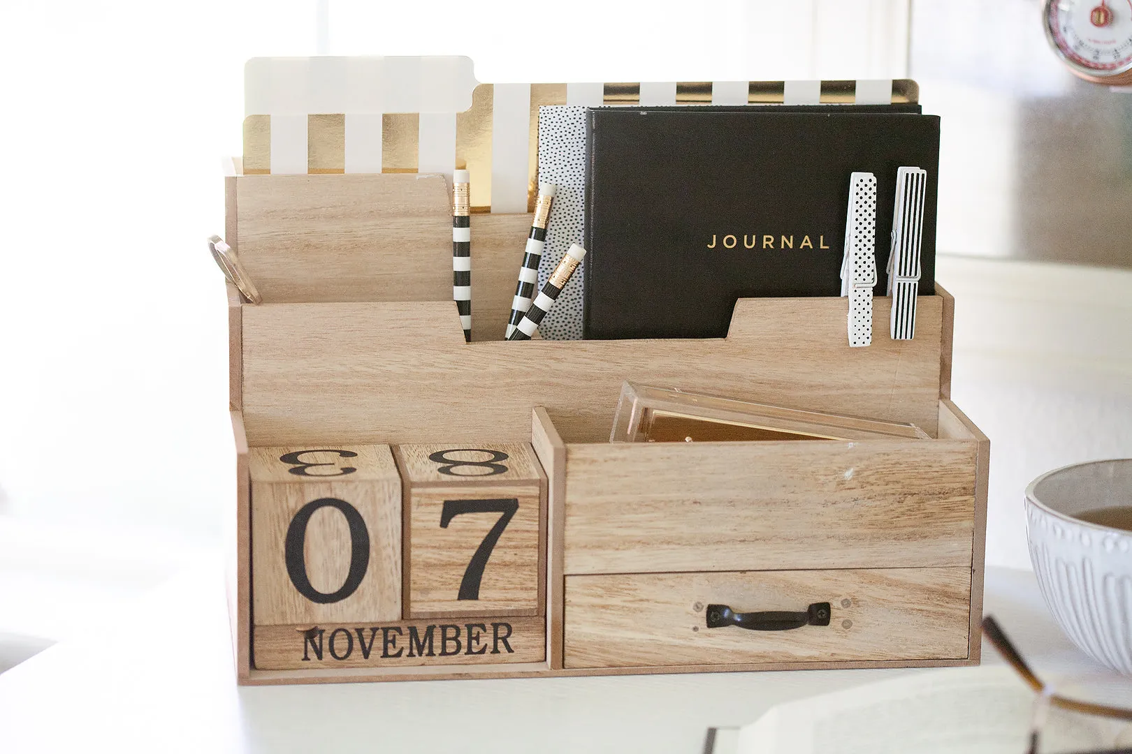 Natural Wood Mail Organizer Desktop with Block Calendar