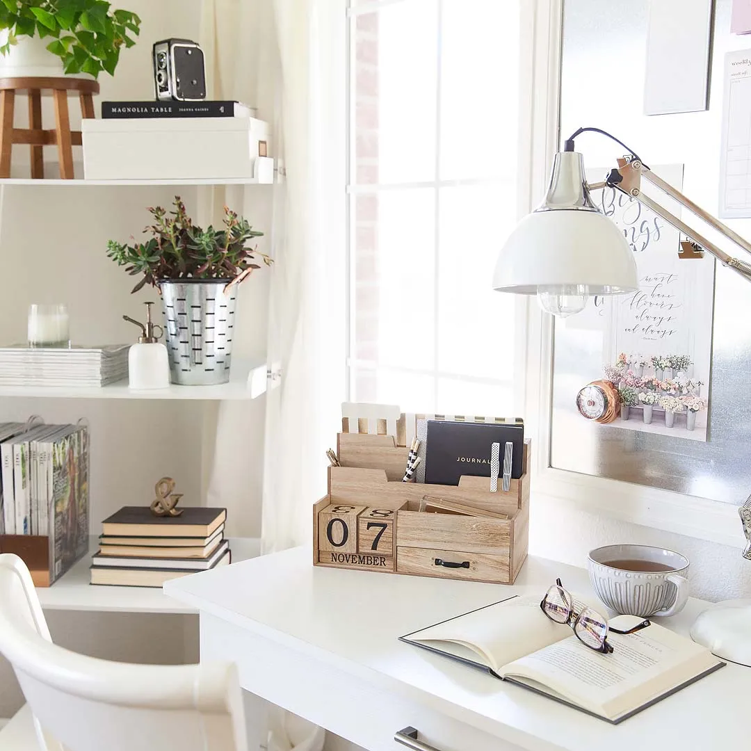 Natural Wood Mail Organizer Desktop with Block Calendar