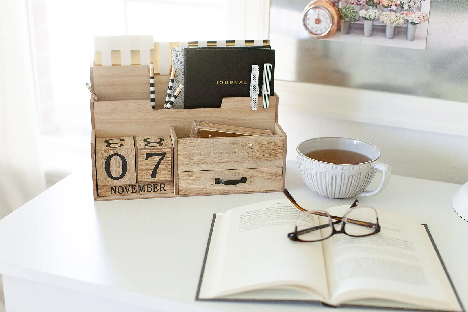 Natural Wood Mail Organizer Desktop with Block Calendar