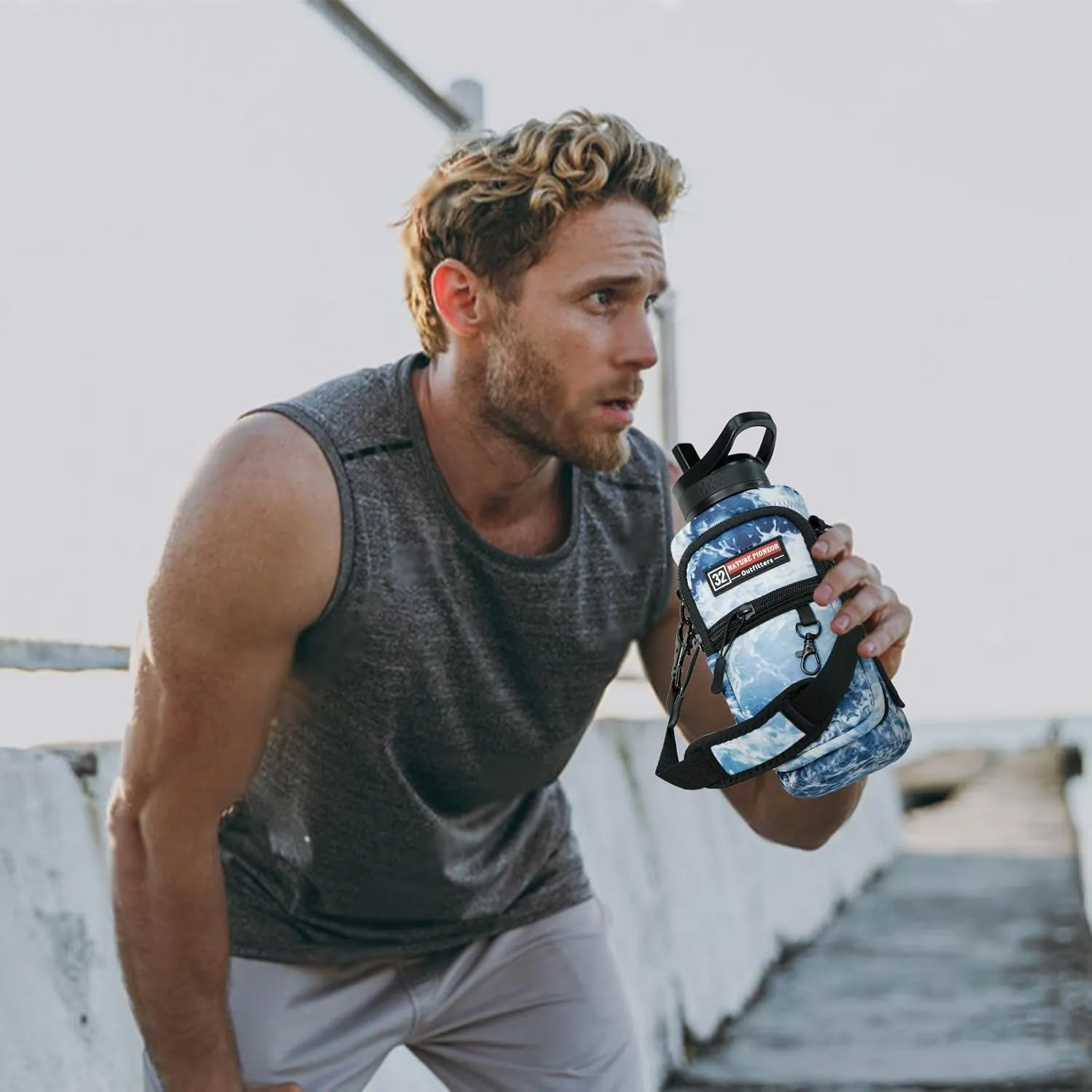 NATURE PIONEOR Water Bottle Holder with Strap,Water Bottle Carrier Bag Sling Sleeve with Adjustable Shoulder Strap & Handle and Large Phone Pocket for Walking,Hiking,Travelling for 25oz/32oz/40oz/64oz