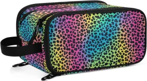 Neon Leopard Print Spacious Toiletry Cosmetic Bag Polyester Makeup Bag with Dividers Handle & Brush Slots Full Print Design for Traveling or Daily Organization