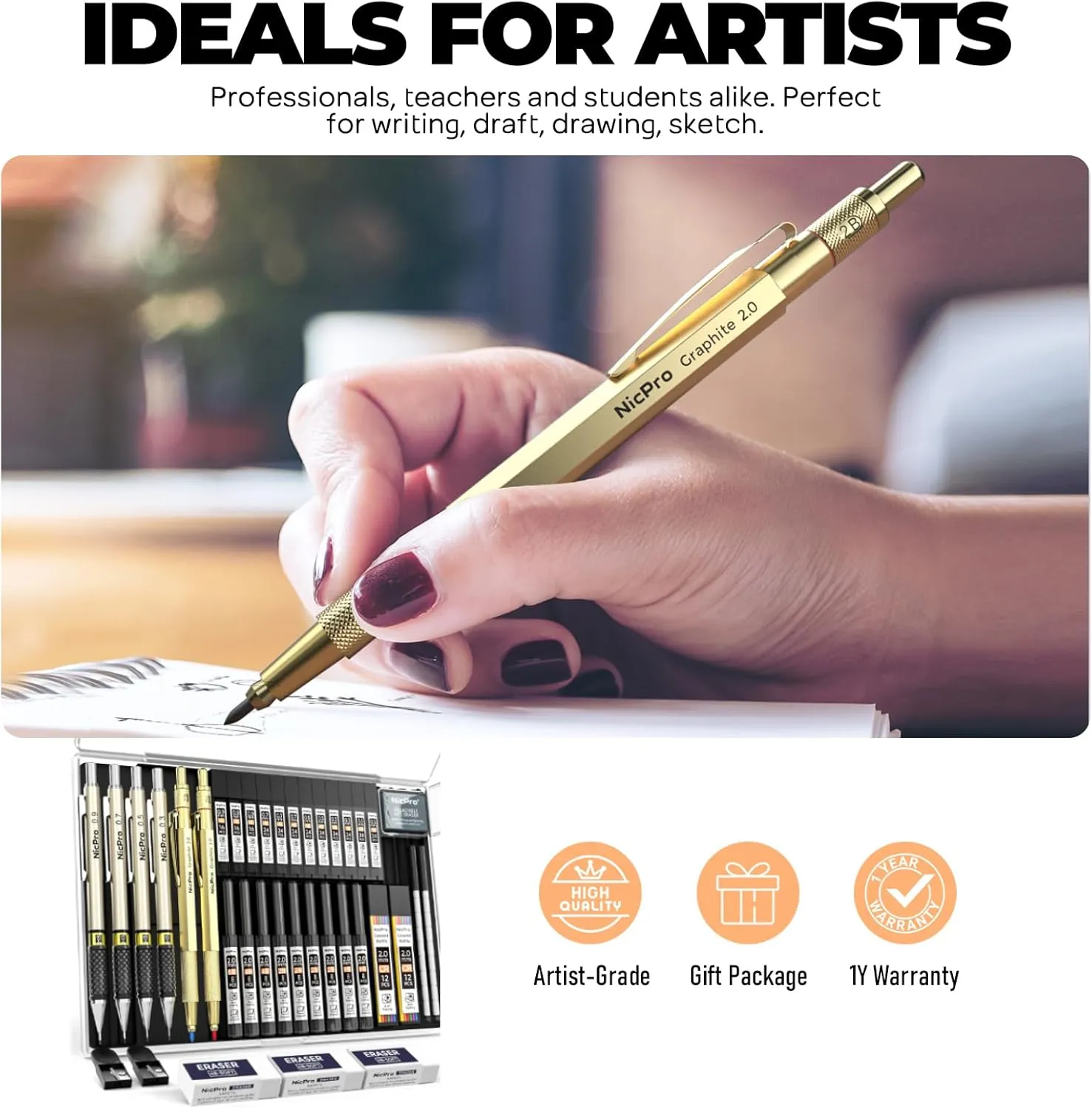 Nicpro 37PCS Art Mechanical Pencil Set, 4PCS Metal Drafting Pencil 0.3mm, 0.5 mm, 0.7 mm, 0.9 mm & 2PCS 2mm Lead Holder (6B 4B 2B HB 2H 4H Colors)