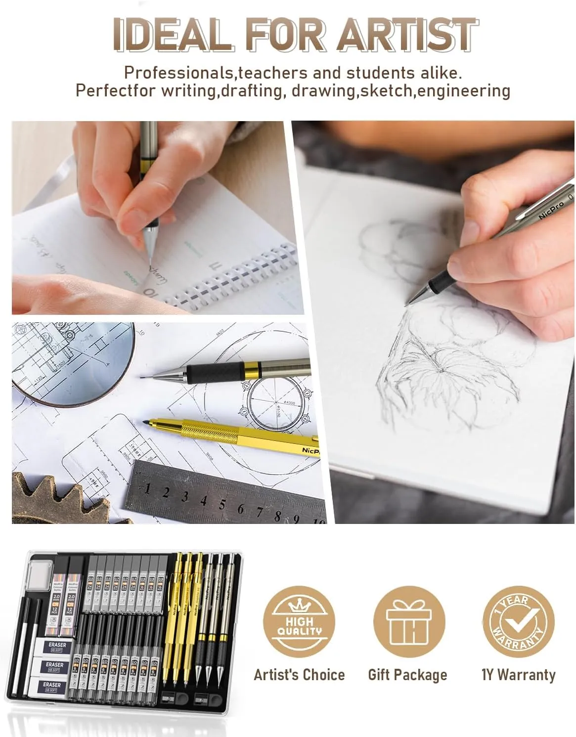 Nicpro 37PCS Art Mechanical Pencil Set, 4PCS Metal Drafting Pencil 0.3mm, 0.5 mm, 0.7 mm, 0.9 mm & 2PCS 2mm Lead Holder (6B 4B 2B HB 2H 4H Colors)