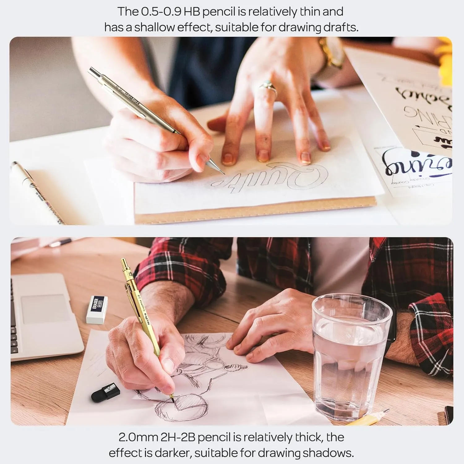 Nicpro 37PCS Art Mechanical Pencil Set, 4PCS Metal Drafting Pencil 0.3mm, 0.5 mm, 0.7 mm, 0.9 mm & 2PCS 2mm Lead Holder (6B 4B 2B HB 2H 4H Colors)