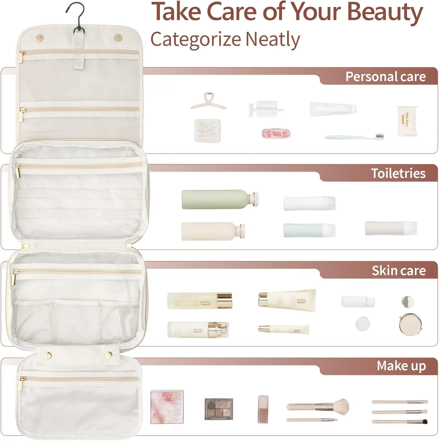 PACKISM Hanging Travel Toiletry Bag for Women - Quilted Plaid PU Leather Travel Makeup Bag with Detachable Bag, Waterproof Cosmetic Bag for Full-Sized Toiletries Fit Bathroom Cruise, Off-white (M)
